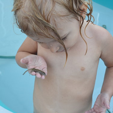 Priya holding lizard in pool